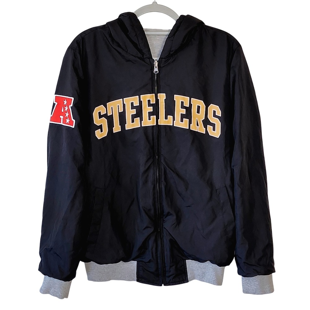 NFL Pittsburgh Steelers REVERSIBLE Hooded Jacket Full Zip Mens Medium Black Gray